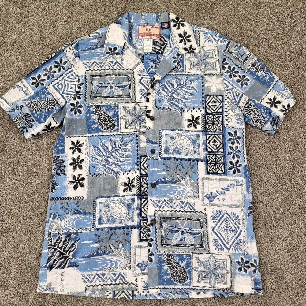 RJC Hawaiian Shirt Mens M Blue‎ Excellent Reverse Weave Cotton Made in USA 103C